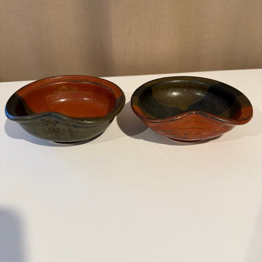 Signed Studio Pottery Pinched Edge‎ MCM Bowls Set of 2 Earthy Glaze Small Dishes